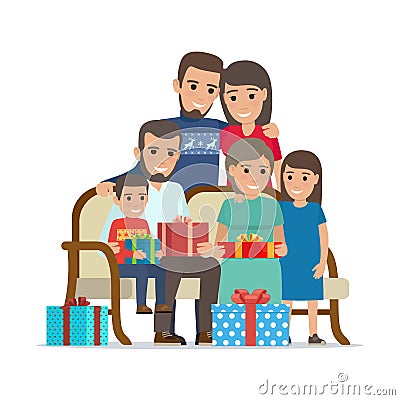 Family Gathered Together Holding Present Boxes Vector Illustration