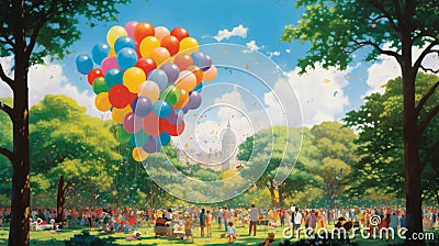 A family gathering in a park, where balloons in every shade of the Stock Photo