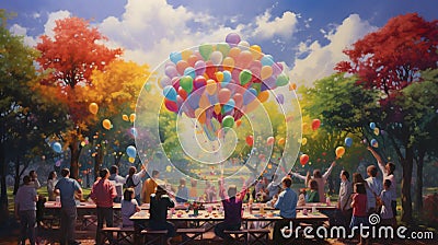 A family gathering in a park, where balloons in every shade of the rainbow Stock Photo