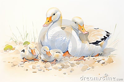 family of geese resting, goslings nestled in Stock Photo