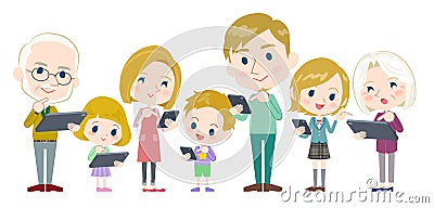 Family 3 generations internet communication White_side by side Vector Illustration