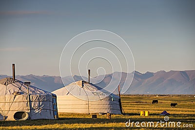 Family gers in a landscape of norther Mongolia Stock Photo