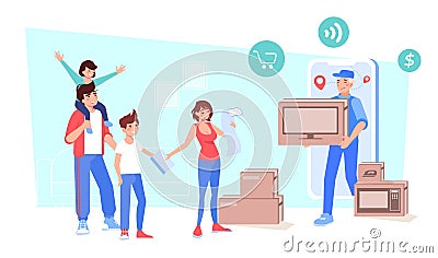 Family getting ordered online electronics goods Stock Photo