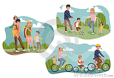 Family go hiking, play football and ride a bike Vector Illustration