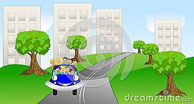 Family goes from a city on a car Vector Illustration