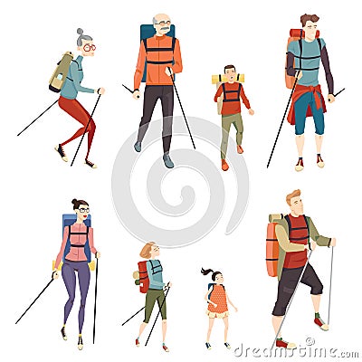 Family goes hiking in the mountains Vector Illustration