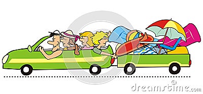 Family goes on holiday, humorous vector illustration, people in car Vector Illustration