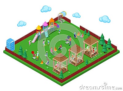 Family Grill BBQ Area in the Forest with Children Playground and Active People Cooking Meat. Isometric City Vector Illustration