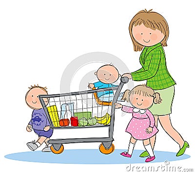 Family Grocery Shopping Vector Illustration