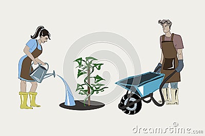 Family growing of plants. Gardening. Husband and wife are tending the plants in the garden. People are busy with hobbies and work. Vector Illustration