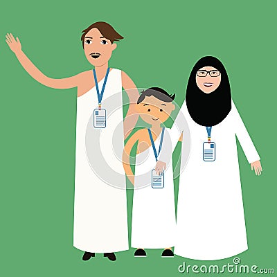 Family haj hajj pilgrim man father mother woman kids wearing islam hijab ihram clothes vector illustration Vector Illustration