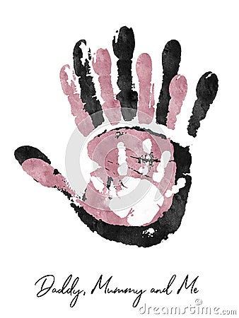 Watercolor family handprints illustration. Family handprints of three people mom, dad, and child. Social illustration Cartoon Illustration