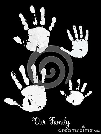 Watercolor family handprints of four illustration on dark black background. Family handprints of three people mom, dad, and child Cartoon Illustration