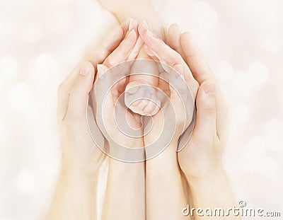 Family Hands and Baby New Born Arm, Mother Father Children Body, Newborn Kid Hand Stock Photo