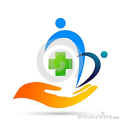 Family medical healthy life cross clinic hands care logo parent kids love, protect symbol icon design vector on white background Cartoon Illustration