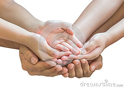 Family hands praying together clipping path for donation charity concept Stock Photo