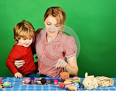 Family happiness and Easter celebration concept. Woman and little boy Stock Photo