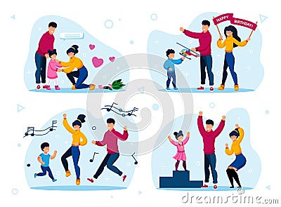 Family Happy Relationships Flat Vector Concept Set Vector Illustration