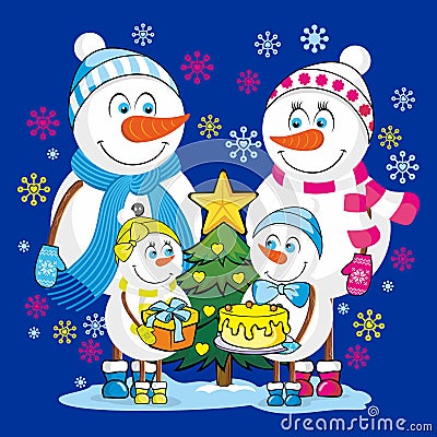 A family of happy snowmen celebrates Christmas and New Year Vector Illustration