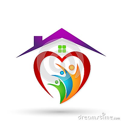 Family in heart happy union home logo family parent kids green love parenting, care, symbol icon design vector on white background Stock Photo