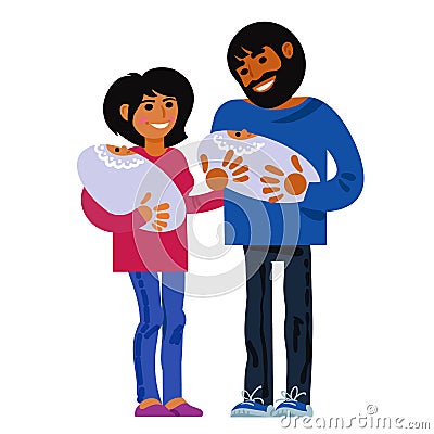 Family. Happy young parents with new born twins. Mother father and two babies. Child birth concept. Vector. Vector Illustration