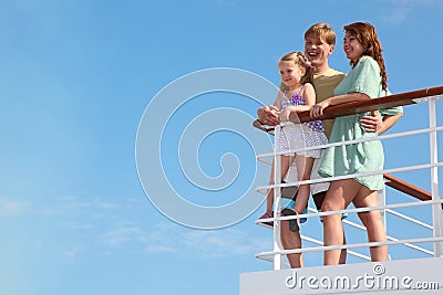 Family has leisure in cruise on motor ship Stock Photo