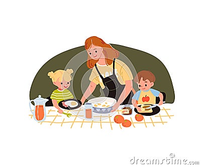 Family having breakfast. Mother feeding kids. Vector Illustration