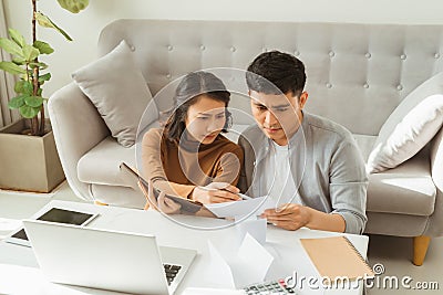 Family having conflict fight about wasting money financial problem at home Stock Photo