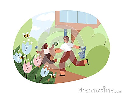 Family having fun in garden on summer holidays. Happy father and kid outdoors in village. Country lifestyle. Parent and Vector Illustration
