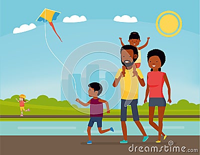 Family is having fun in a nature. African american family in the Park. Summer Vacation. Cartoon vector illustration. Sea Vector Illustration
