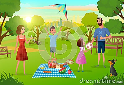 Family Having Fun on Picnic in City Park Vector Vector Illustration