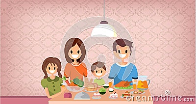 Family having meal together, cartoon style.vector Vector Illustration