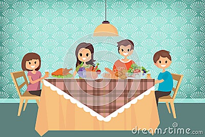 Family having meal together, cartoon style.vector Vector Illustration