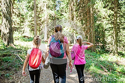 Family hike in the forest on summer day Stock Photo