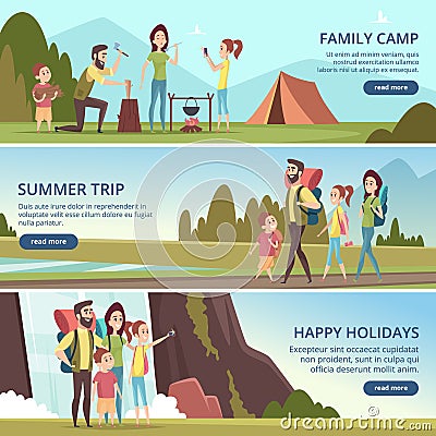 Family hiking banners. Kids with parents camping outdoor explorers mountain walking vector characters Vector Illustration