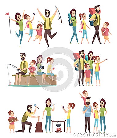 Family hiking. Couples with kids exploring travellers tourists happy adventure in mountains camping vector characters Vector Illustration