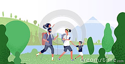 Family hiking nature. Man, woman and kids in outdoor mountain landscape. Holiday summer adventure in camping vector Vector Illustration