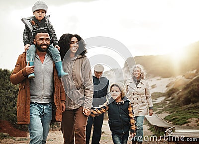 Family hiking outdoor, together with nature and happiness, bonding and spending quality time with fitness and Stock Photo