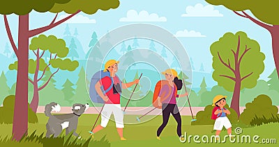 Family hiking. Travelers hike, kids trekking in forest. Tourism vacation, adventure walk with parents and dog decent Vector Illustration