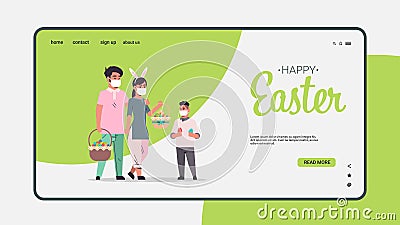 Family holding baskets with eggs celebrating happy easter holiday wearing mask to prevent coronavirus Vector Illustration