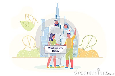 Family Holding Broadsheet with Welcome to Dubai Stock Photo