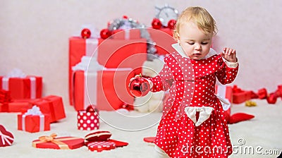 Family holiday. Gifts for child first christmas. Christmas activities for toddlers. Christmas miracle concept. Things to Stock Photo