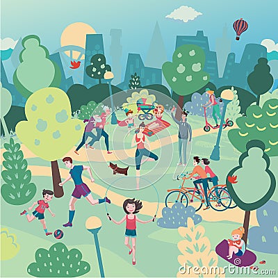 Family holiday on nature. Aerialview of city park with people. Summer sport and recreation panoramic landscape Vector Illustration