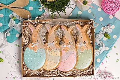 Family holiday present box, gift card, easter rabbits honey-cake Stock Photo