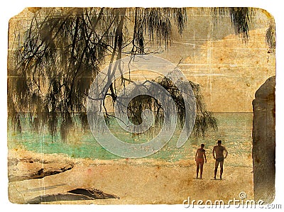 Family on holiday, Seychelles. Old postcard. Stock Photo