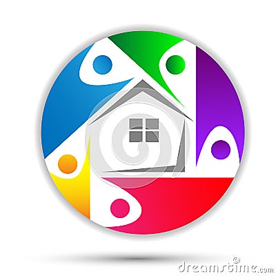 Family home, house care happy logo, union concept logo in circle Stock Photo