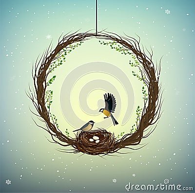 Family home idea, wreath of thebranches with nest and two birds inside, sweet home, spring inside idea, nature Vector Illustration