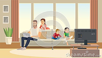 Family at home. Mother care about father. children playing game console. Vector cartoon characters. Vector Illustration