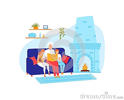 Family at home, senior grandmother read cartoon book for boy girl people, vector illustration. Reading happy old woman Vector Illustration