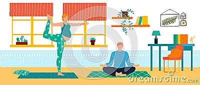 Family at home, yoga activity vector illustration. Pregnant woman standing doing exercises ,man sitting meditating on Vector Illustration